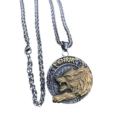 #ad #ad Fenrir Wolf Necklace Gold Silver Stainless Steel Helm of Awe Viking Pendant $29.99