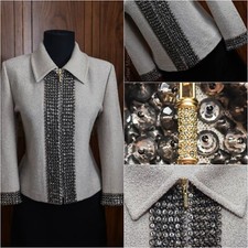 MINT ST JOHN BEIGE/ METALLIC SILVER rhinestone-like bead KNIT JACKET SZ 6.