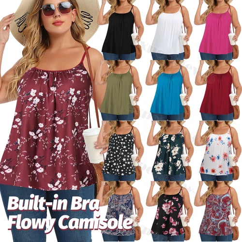 Women Sewn in Bra Cup Boho Floral Loose Summer Camisole Tee Shirt Loose Fit Tank - Picture 1 of 42