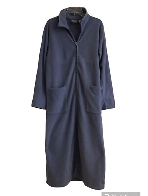 LL Bean Women's Long Fleece Robe Blue Full Zip Front Size Medium