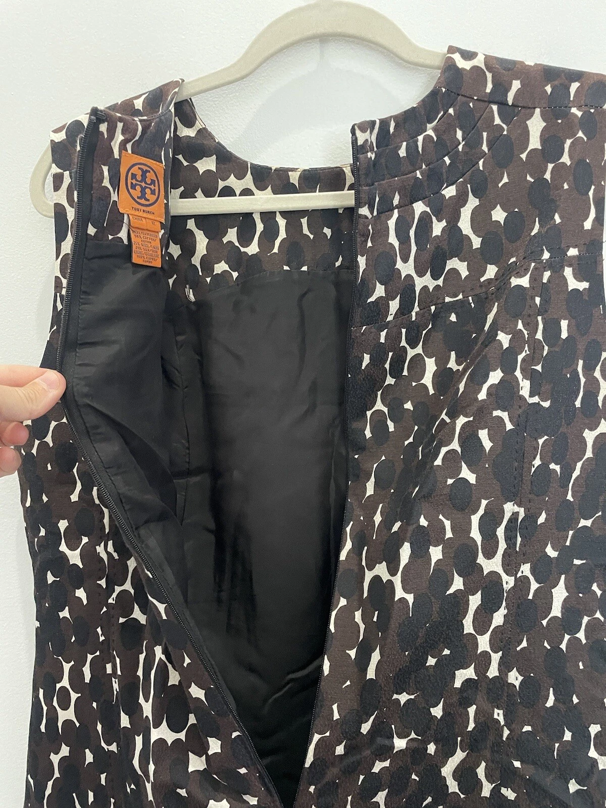 Abito senza maniche Tory Burch lana geometrica seta senza maniche guaina carriera ufficio lavoro taglia 12