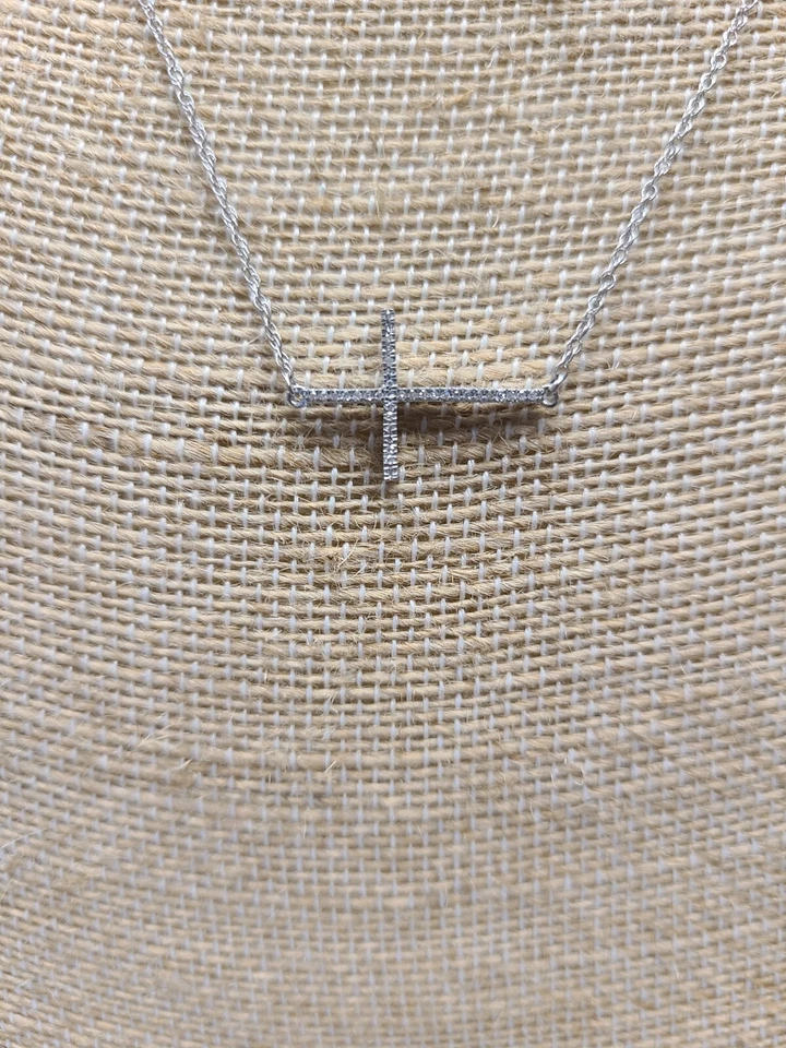 Diamond Accent Sideways Cross Pendant with 18" Chain Necklace In Sterling Silver - Image 2 of 4