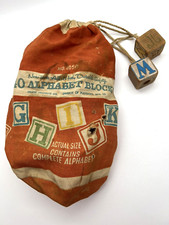 Vintage Playskool Wood Alphabet  Number Blocks Halsam Cloth Bag - 31 Blocks