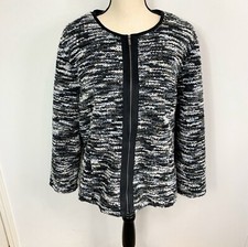 Chico's Jacket Blazer Size Large 2 Black Mixed Tweed Boucle Knit Fringe Zip Up