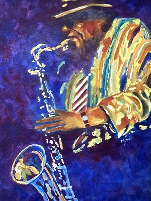 JAZZ, MUSIC SAXOPHONE, THE BLUES Watercolor ~HAND PAINTED~NOT A PRINT~ 9'' X 12''