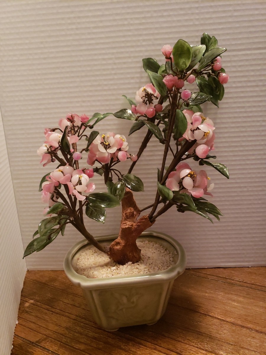Vtg Asian Jade Agate Glass Flowers Leaves Bonsai Tree | eBay