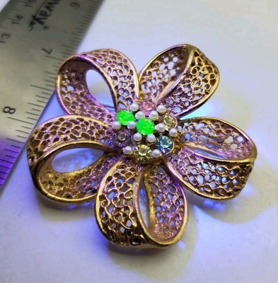 Vintage BSK Flower Brooch Uranium Glow Rhinestones Filigree Pearl 2''