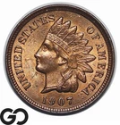 1907 Indian Head Cent Penny, Choice BU++, Some Red, Lustrous RB