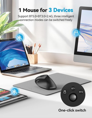 Ergonomic Mouse, Rechargeable Bluetooth Wireless Vertical Mouse, Connect 3 De... - Picture 2 of 7