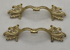 PAIR Vintage MCM Ajax Drawer Pulls Handles Scroll White Gold Ornate Hardware 990