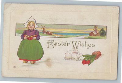 Easter Wishes Dutch woman Reading Bunny Spilling Plant Vinta Holiday Postcard G6