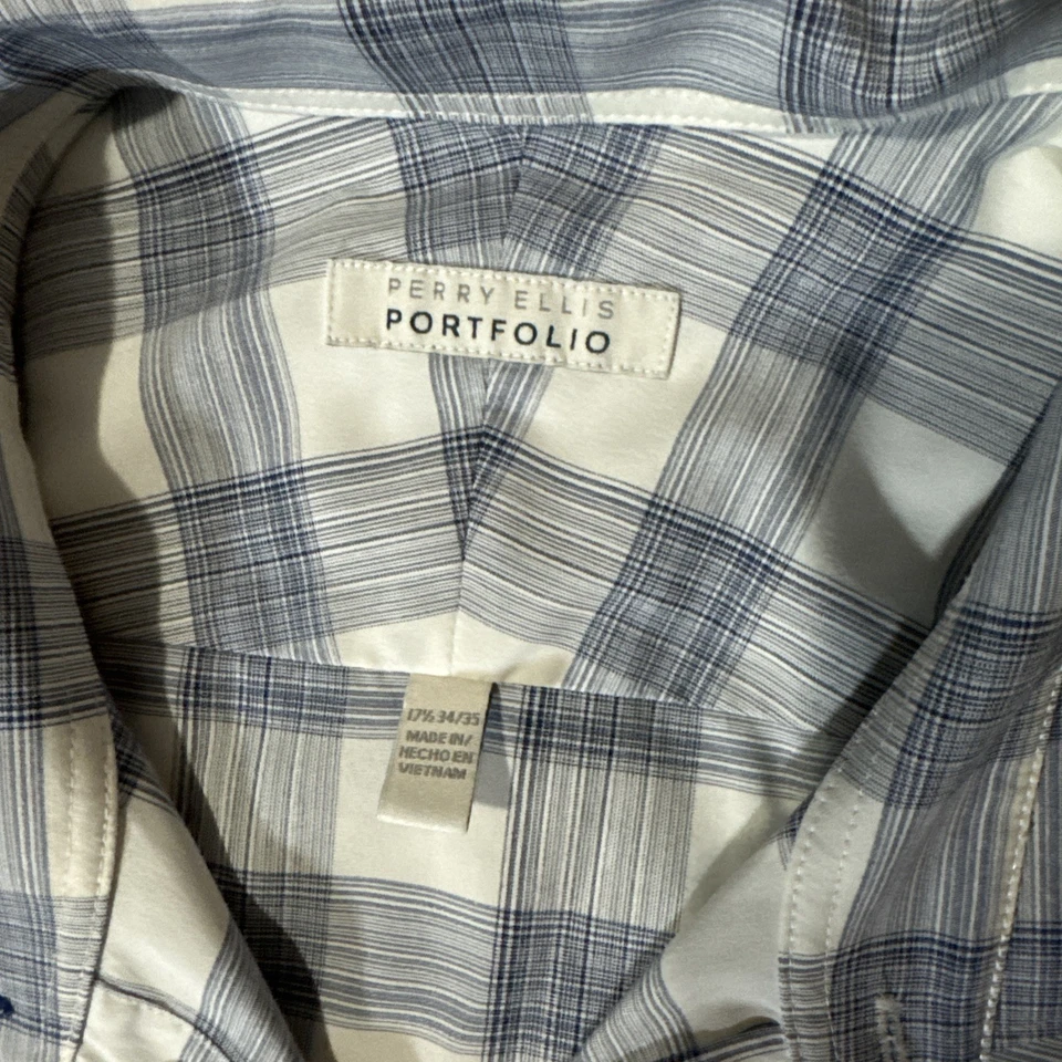 Camisa de vestir a cuadros azul poliéster talla 17 1/2 34/35 Perry Ellis PORTFOLIO para hombre Foto 3 de 4