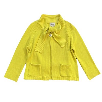 Milly Of New York Vintage Strickjacke Gr. L gelb Bindekragen 100% Baumwolle Rippstrick