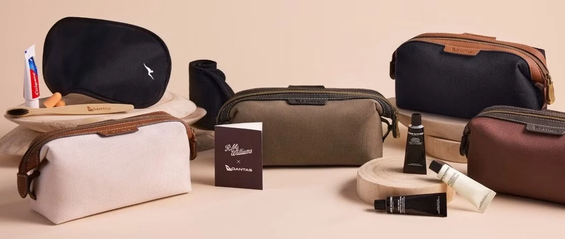 Qantas RM WILLIAMS business class amenity toiletries kit bag inflight eye mask