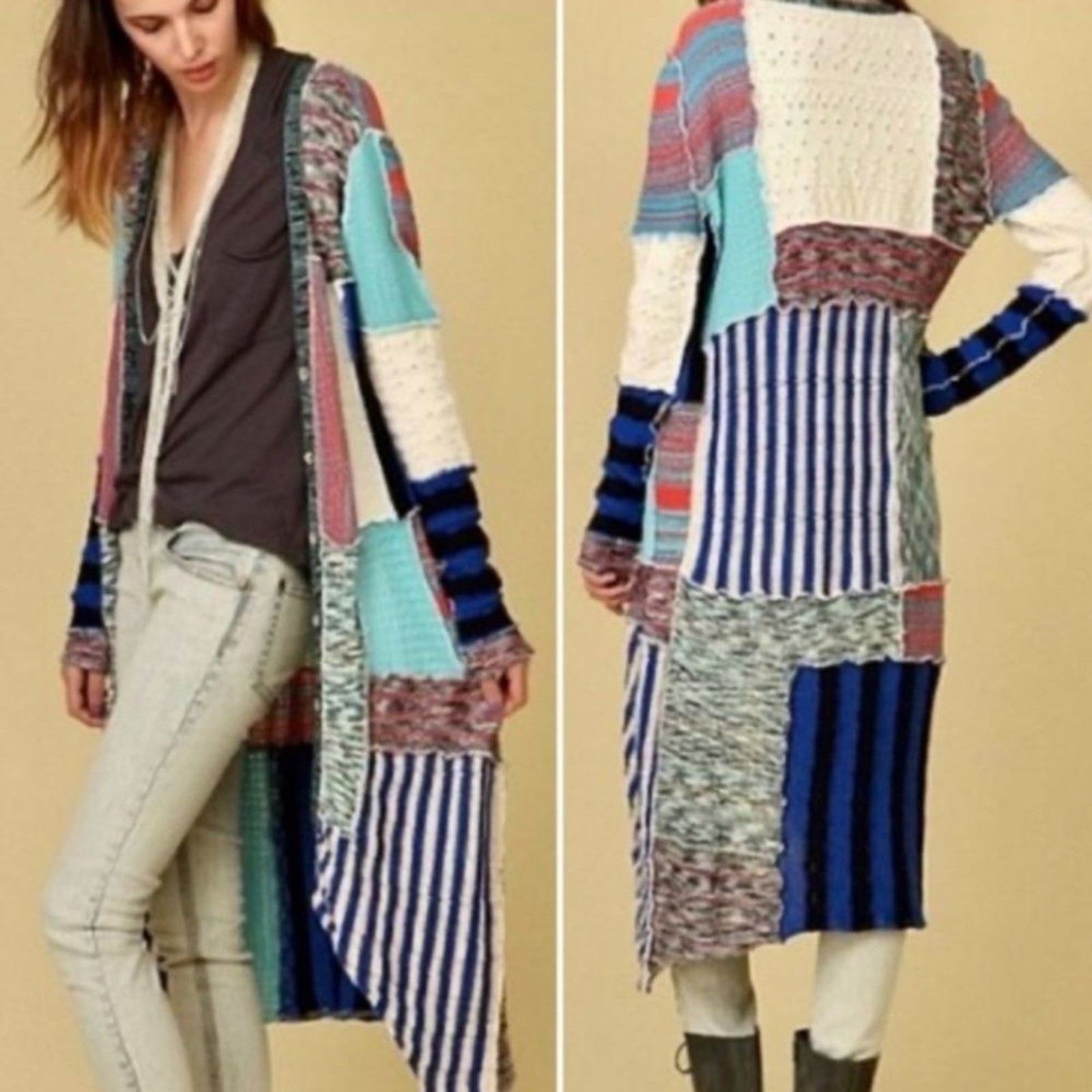Freepeople Multicolor Patchwork Long Cardigan siz… - image 1