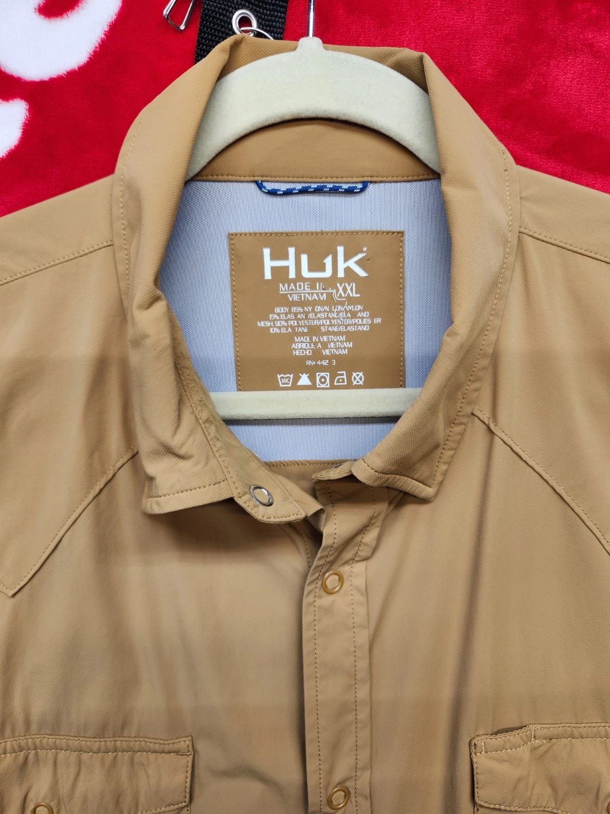 Huk Mens XXL Fishing Shirt Tan Short Sleeve Performance Vent Outdoor Button Up