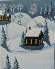 Original Folk Art Painting Landscape Winter Snow Country Deer Woods Houses Naive