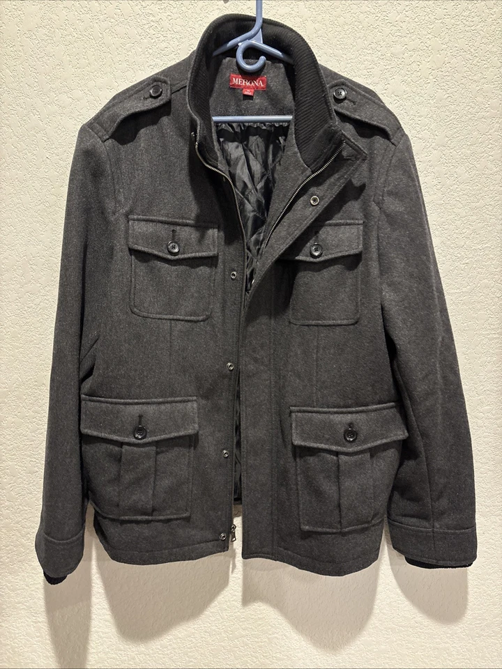 MERONA Men's Wool Blend Jacket - Dark Grey - Size XL - Four Pocket & Military - Image 2 of 4
