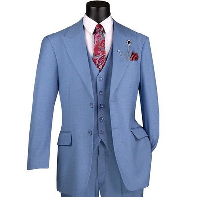 BIG & TALL Men's Blue Textured Weave 3 Piece Regular Fit Suit w/ Flex Waist NEW