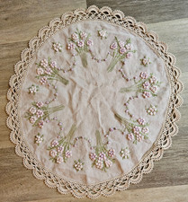 Vintage Hand Embroidered Linen Table Topper Raised 3D Flowers Crochet Lace