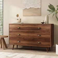 Walnut Brown Dresser for Bedroom, 6 Drawer Dresser with Wide Drawers and Metal K
