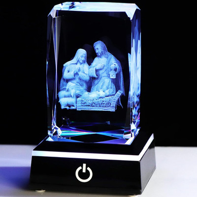 3D Crystal Nativity Scene Figurines with Colorful Base Laser Engraved Holy Famil