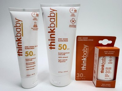 Thinkbaby Sunscreen SPF 50 6 oz, 3 oz + SPF 30 Travel Size | Mineral Zinc