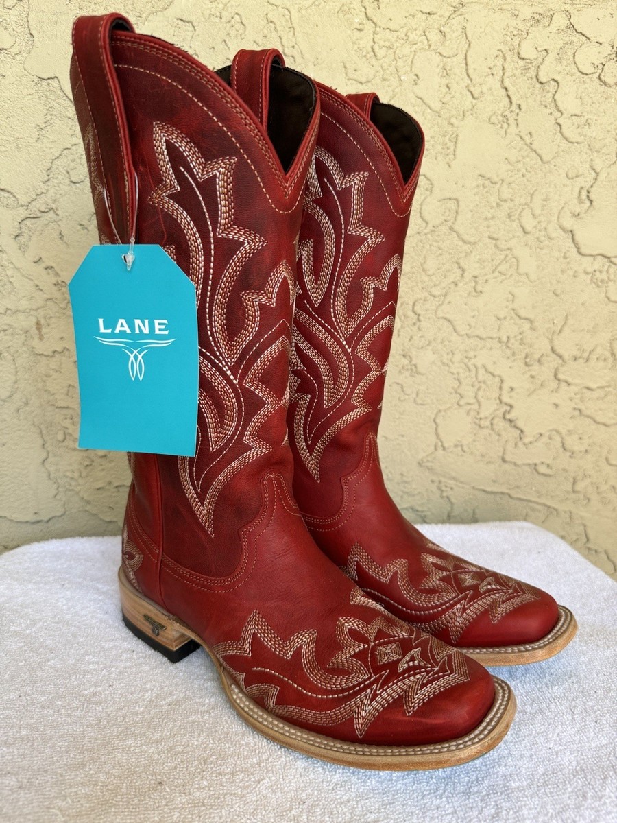 LANE WOMEN'S SARATOGA WESTERN BOOTS SQUARE TOE BOOTS RED W BLUE BOTTOMS  SIZE