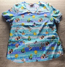 Looney Tunes Scrub Top L All Over Character Print Bugs Bunny Tweety Taz V-Neck