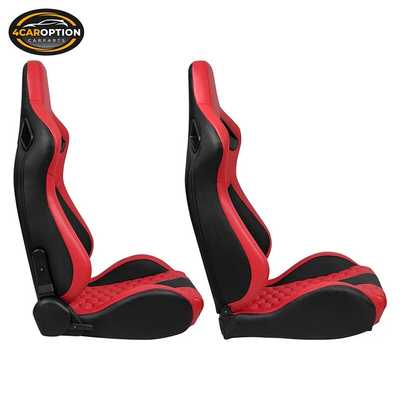 Pair Of Universal Honeycomb Racing Seats + Dual Slider Red Black PU Leather Foto 3 de 4