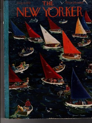 1952 New Yorker August 9 Cover only - Fishing, Sailboat Jam in Long Island Sound