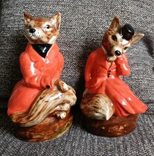 Pair of Staffordshire ceramic anthropomorphic huntsman foxes figurines Vintage 