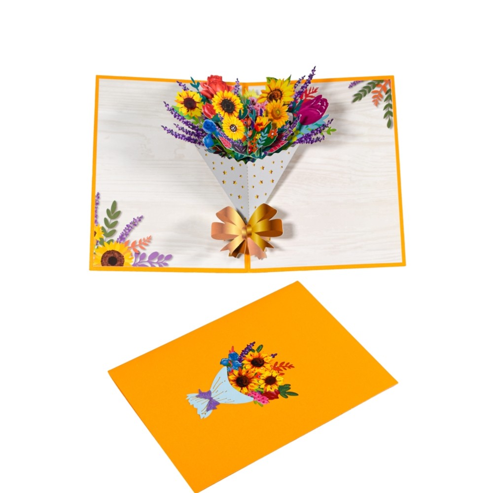 Sunflower with Golden Bow Bouquet Pop Up Card - Anniversary Valentine's Day
