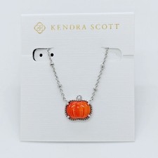 New Kendra Scott Pumpkin Silver Plated Short Pendant Necklace In Orange Shell
