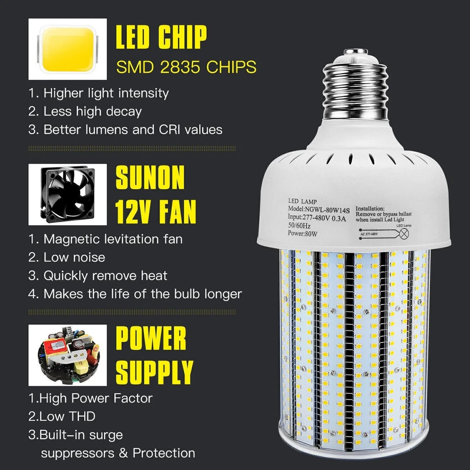 80W LED Corn Bulb 5000K Daylight Airport Shop Light AC480V (350W MH HID Equival) - Image 3 of 4