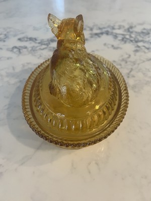 Vintage Kemple Amber Glass Fox on Nest Lidded Dish 1950'S | eBay