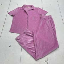 Juicy Couture Pajama Set Womens Small Pink Velour Button Top Rhinestone Lounge