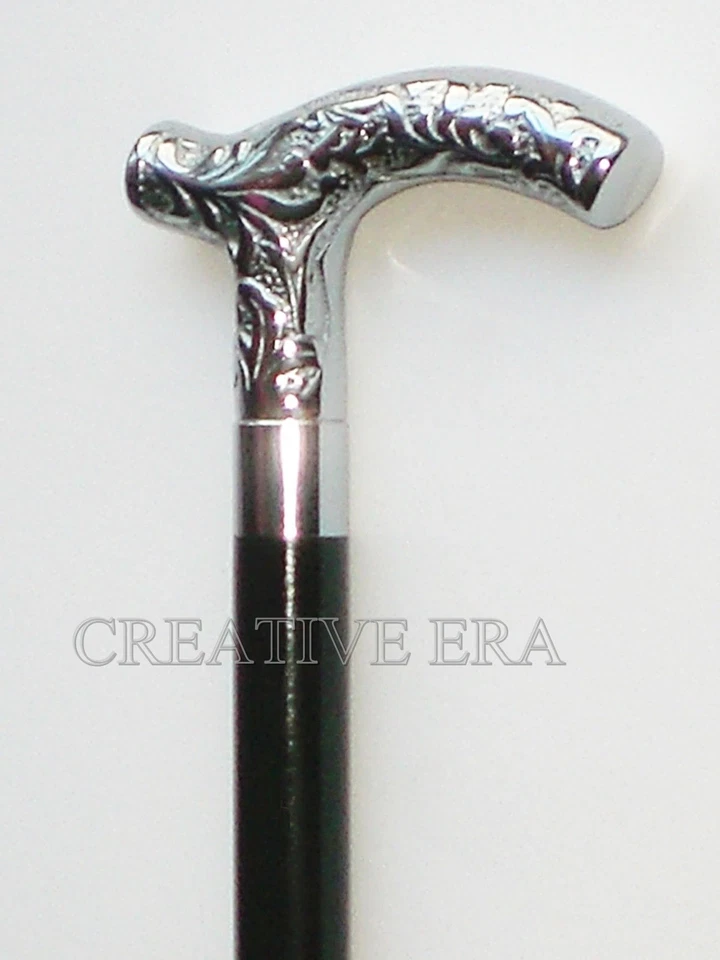 Brass Victorian Silver Antique Designer Handle Black Wooden Walking Cane Vintage - Image 2 of 4