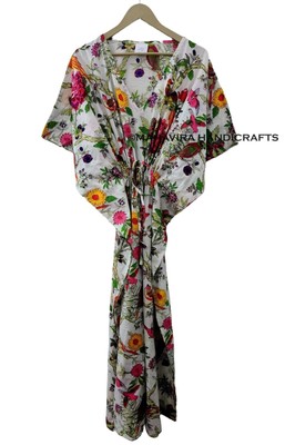 Indian Floral Print White  Cotton Loose Sleeve Free Size Boho maxi Caftan Dress