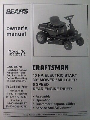 Sears Craftsman Riding Lawn Mower Tractor 10 hp 30" 5sp Owners Manual