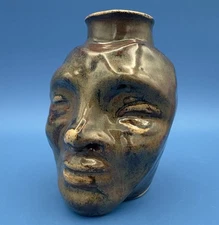 Signed Stoneware Folk Pottery 5" Tall Face Jug / Vase - Impressed S Mark