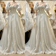 Vintage Wedding Dresses Square Neck Puff Short Sleeve Lace Applique Bridal Gown