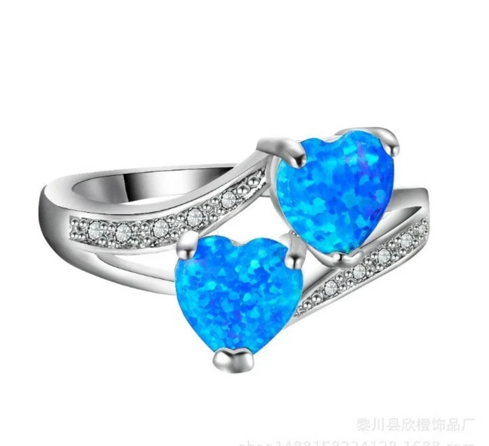 Deslumbrante Conjunto de Pendientes Doble Corazón Circonita cúbica Ópalo de Fuego Azul Talla 10 y 925SS Foto 2 de 4