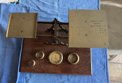 Antique English Postal Scale Brass with Wood Platform