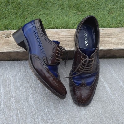Prada Damen Brougue Schuhe Blockabsatz Ombre Blau & Braun Leder 