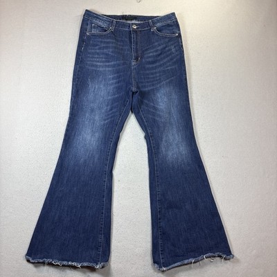 Risen Womens High Rise Bell Bottom Flare Distressed Raw Hem Denim 1XL  Festival