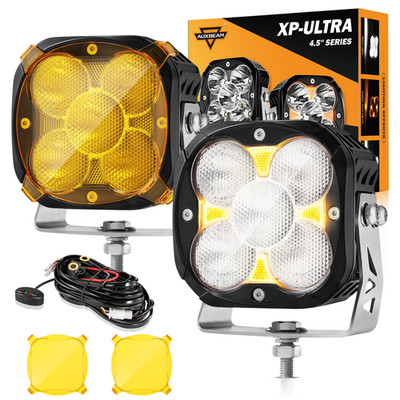 2x AUXBEAM 4.5'' 128W LED Pods Driving Lights Flood Beam Spotlights & Amber Cover
