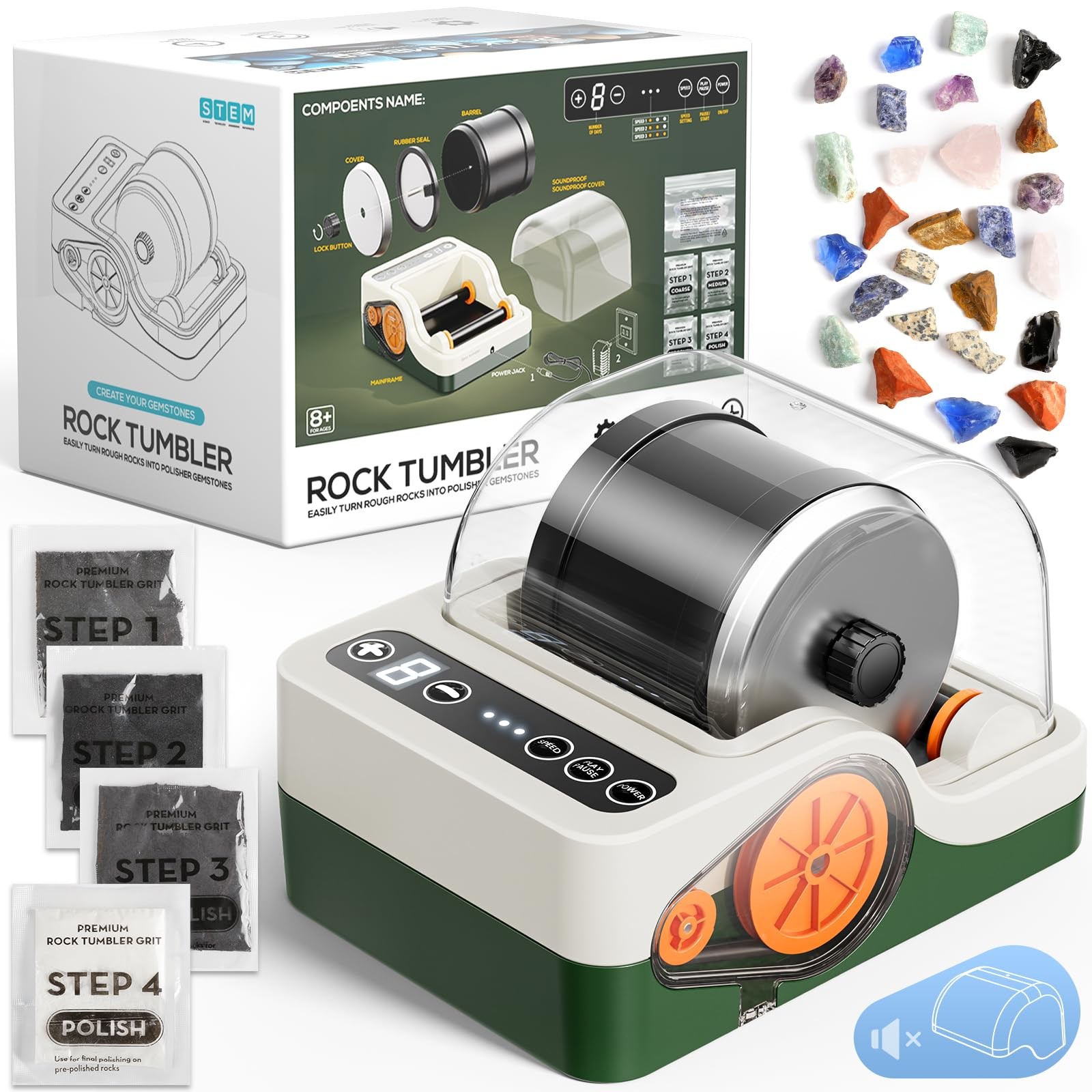 Ultra Quiet Rock Tumbler Kit - 3-Speed Polisher  9-Day Timer