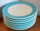 7 Vintage Corning Milk Glass Turquoise Aqua Wide Rim Band Plates 6 3/4"