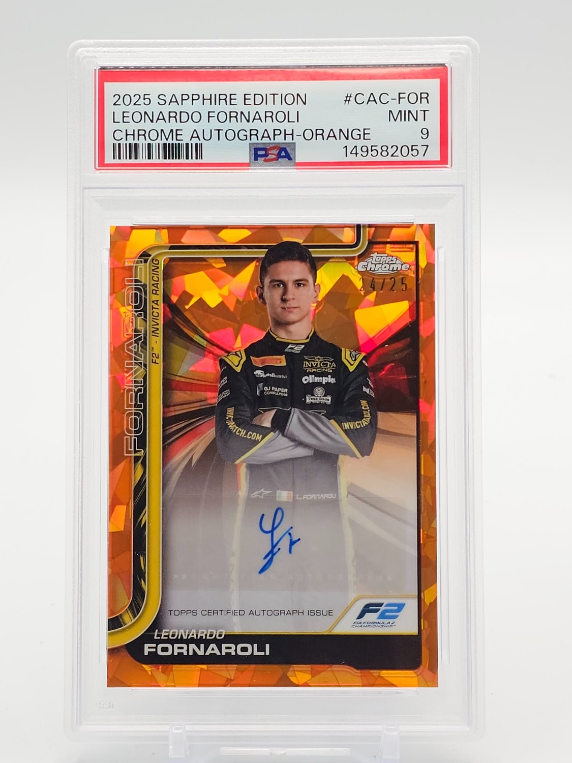 LEONARDO FORNAROLI 2025 TOPPS CHROME F1 F2 SAPPHIRE ORANGE AUTO /25 PSA 9 Q7278